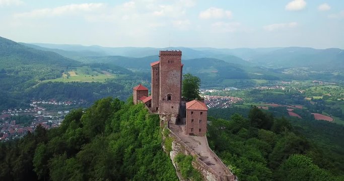 Aerial video of the Castle Trifels aerial view and countryside Annweiler landscape Germany Travel Destinations