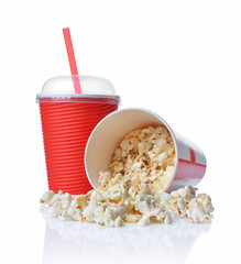 Cup of appetizing salty popcorn and take-out blank paper red cup with transparent cover