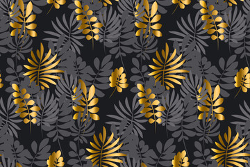 Naklejka na ściany i meble Abstract gold and black leaves tropical seamless pattern.