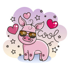 Cute cartoon baby pig in a cool sunglasses