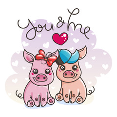 Cute cartoon baby pigs in love