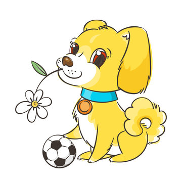 Cute puppy with a soccer ball, card or print concept.