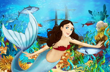 cartoon scene with mermaid diving near the sunken ship - illustration for children © honeyflavour
