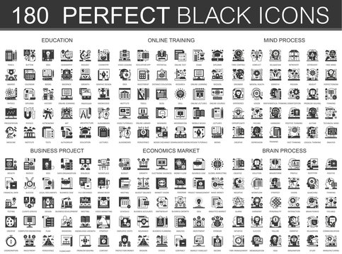 180 education, online learning, brain mind process, business project, economics market classic black mini concept icons symbols. Vector modern icon pictogram illustrations set.