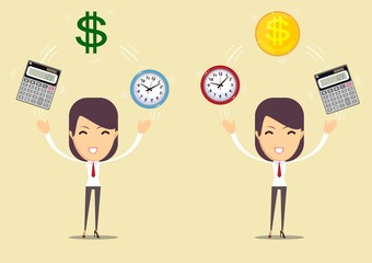 Office clock ,calculator and Money. Accountant at work.Time is money concept. Vector Illustration.