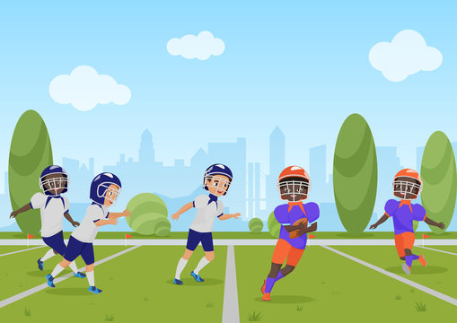 Kids children playing american football match. Vector illustration cartoon  design. Stock Vector | Adobe Stock