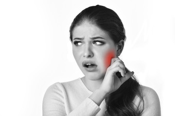  Dental care and toothache.Teeth Problem. Woman Feeling Tooth Pain. Closeup Of Beautiful Sad Girl...