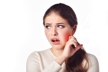  Dental care and toothache.Teeth Problem. Woman Feeling Tooth Pain. Closeup Of Beautiful Sad Girl...