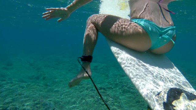 SLOW MOTION, UNDERWATER, CLOSE UP: Unknown female surfer waiting for Cloudbreak waves in the calm turquoise colored Pacific ocean. Fit young surfer girl sitting on her board on a perfect summer day.