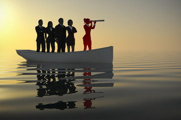 Woman Leader on boat leading a team with a telescope as 3d rendering.