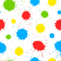 Colorful hand drawn paint splashes on white background. Vector seamless pattern with color ink strokes, design for kids.