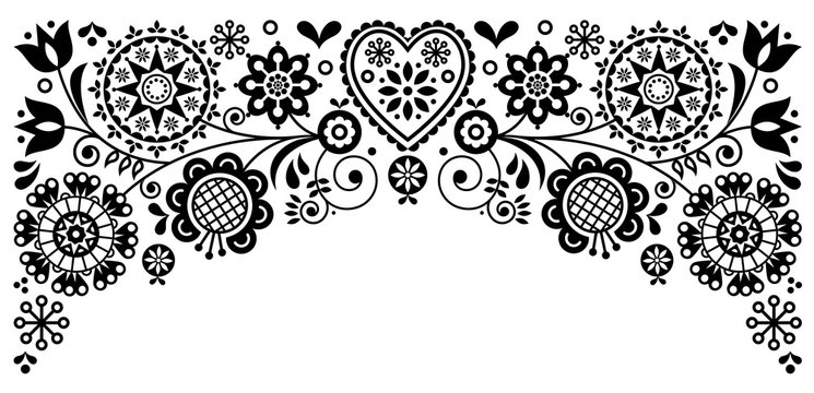 Folk art frame border retro vector greeting card design, floral black and white ornament inspired by Scandinavian art
