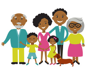 Happy African American family of four members parents,their son and daughter. Lovely cartoon characters on nature sunny summer day background.Vector illustration