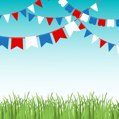 Vector illustration of Blue sky and green grass landskape  with colorful flags garlands. - 206331245
