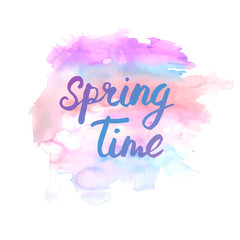 Naklejka na ściany i meble Spring time vector lettering phrase. Abstract hand drawn watercolor splotch. Vector illustration