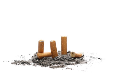 Cigarette butts, stubs with ash isolated on white