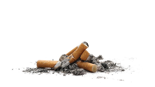 Cigarette butts, stubs with ash isolated on white