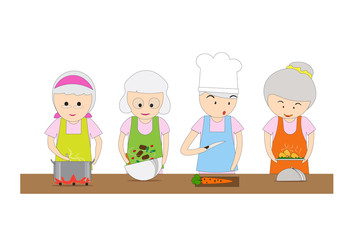 Old men and women learn cooking, soups, salads and fried foods. Including the preparation of raw materials. Flat cartoon and concept of activities elderly people. -EPS10