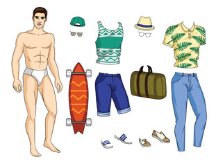 Vector paper doll man with colorful set of stylish summer outfit with accessories and shoes. Handsome fit guy with trendy casual tropical and geometric pattern clothes for holiday