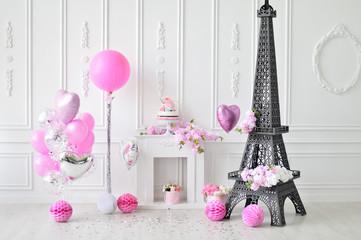 Decorations in Paris style. A lot of balloons pink and white colors. Decorations for holiday party. Best decorations for party. 