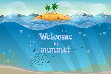 Resort topical island. Invitation card. Underwater coral reef seabed and water surface with tropical isl stock image