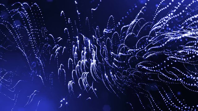 3d render loop animation of glow particles form oscillating lines as swinging garland as holyday background or abstract background of particles with depth of field and bokeh like vj loop. Blue 9