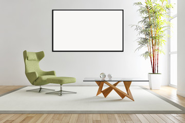 Modern bright interiors apartment with mockup poster frame 3D rendering illustration