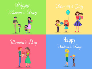 Fototapeta premium Concept of Happy Womens Day on Four Postcards