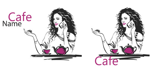 vector sketch of a girl at a cafe table, isolated objects. You can substitute your name and color of your design