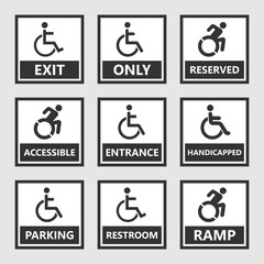 handicap labels and signs, disabled people icons and stickers