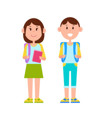 Schoolboy and Schoolgirl Color Vector Illustration