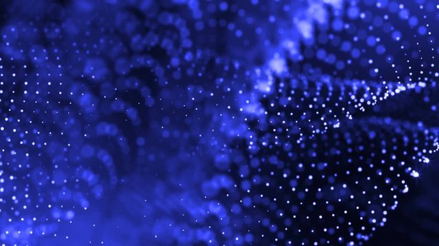 3d render loop animation of glow particles form oscillating lines as swinging garland as holyday background or abstract background of particles with depth of field and bokeh like vj loop. Blue 23