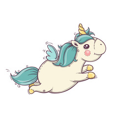 Cute flying unicorn. Unicorn isolated vector icon. Fantasy horse sticker, patch badge.