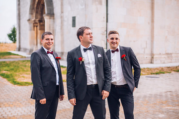 Young groom and his funny friends groomsman posing for camera. Group of young men with bow tie. Cheerful friends. friends outdoors. Wedding day.