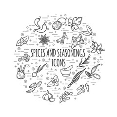 Spices and seasonings thin line icons. Round illustration