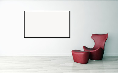 Modern bright interiors apartment with mockup poster frame 3D rendering illustration