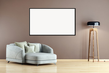 Modern bright interiors apartment with mockup poster frame 3D rendering illustration