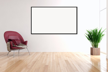 Modern bright interiors apartment with mockup poster frame 3D rendering illustration
