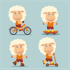 Set of isolated funny sheep on bike, skateboard, scooter and roller skates.
