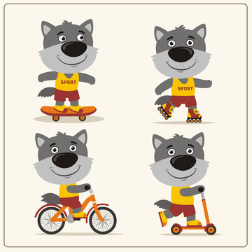 Set of isolated funny wolf on bike, skateboard, scooter and roller skates.