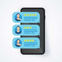 Vector illustration feedback review rating stars bubble speeches on mobile phone, smartphone with good and bad rate 