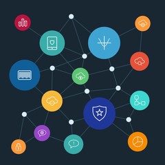 Abstract background with polygonal connected lines. Set of networking, charts, chat and messenger, security, shopping outline icons. Can be use for websites, mobile apps, presentations.