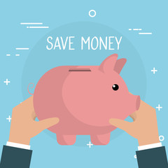 hand with coins and piggy savings vector illustration design