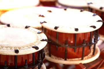 Closeup Japanese drums arrangement during a street festival.