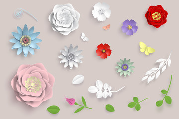 Vector paper art flowers set. 3d origami flowers, leaves and butterfly. Stock illustration