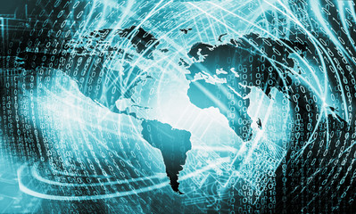 World map on a technological background, glowing lines symbols of the Internet, radio, television, mobile and satellite communications.