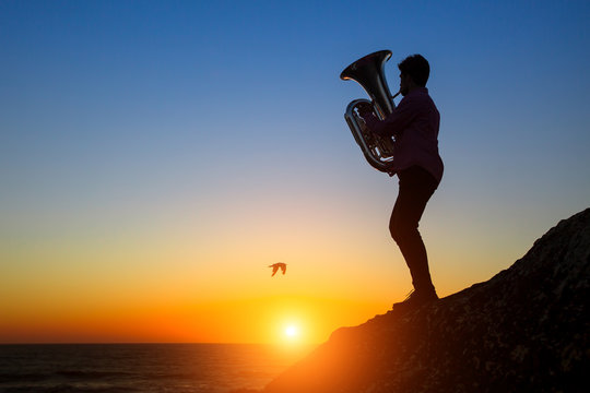 Musician play Tuba on the ocean coast at sunset.