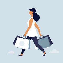 Woman walking with shopping bags. Big Sale poster, flat character design, vector illustration