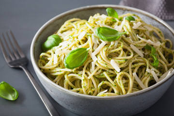 spaghetti pasta with avocado basil pesto sauce