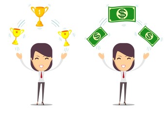 Woman holding cup, award, money prize. Stock flat vector illustration